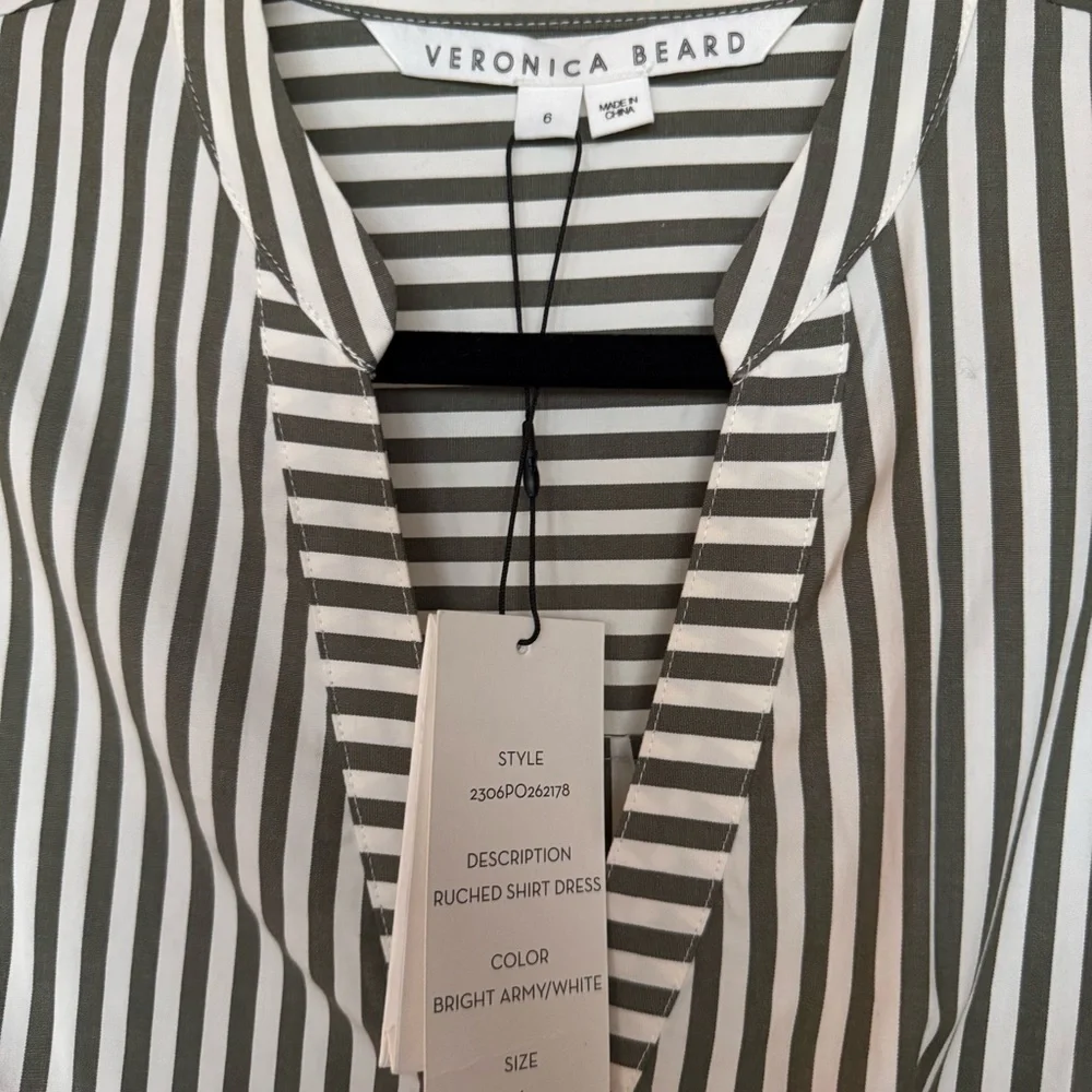NWT ⭐️ VERONICA BEARD Ruched Striped Shirt Dress – Size 6 – Army Green/White - Picture 6 of 7